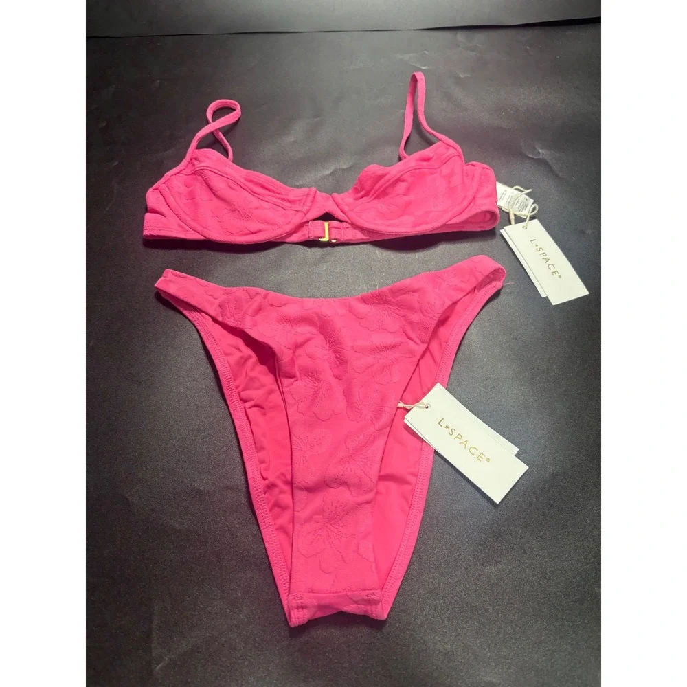 L*Space Missy Top Leilani Bitsy Bottom Bikini Set Cosmic Pink Floral Jacquard S